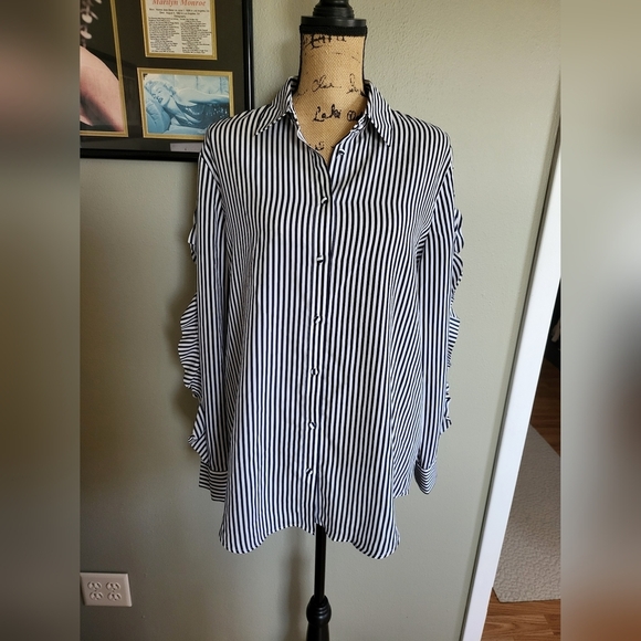 Banana Republic Striped Navy and White Dillon Shirt with Ruffle Sleeves - Picture 1 of 8